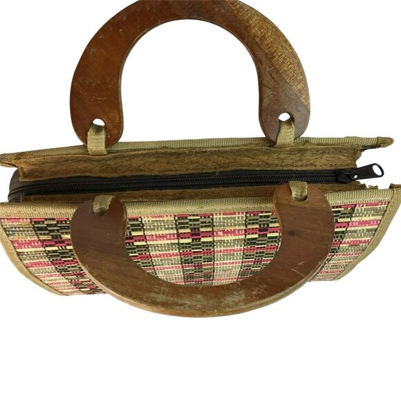 Mid Century Modern Handmade Purse Woven Straw Wood u Lined Wood Handle MCM u - Picture 6 of 11